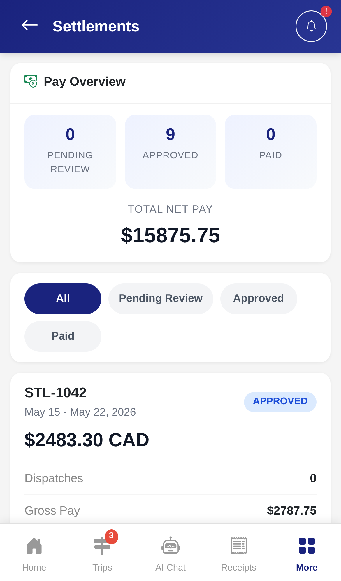 Driver app settlements